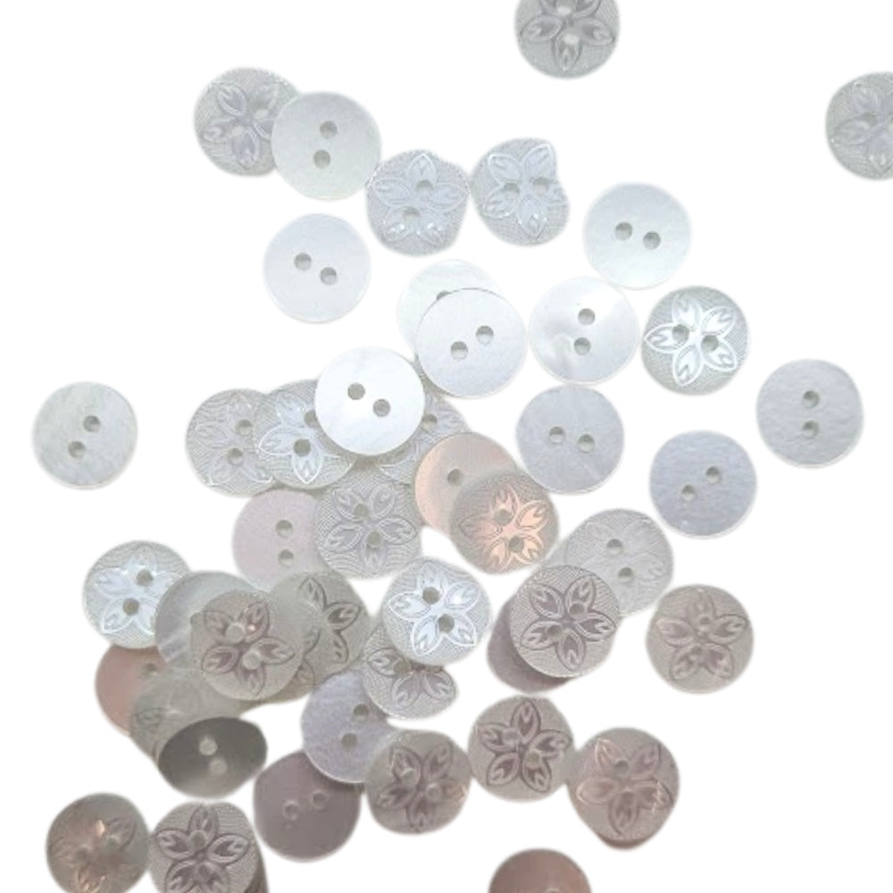 2 Hole Etched Flower Button - 12mm - Pearl White [LB38.5]