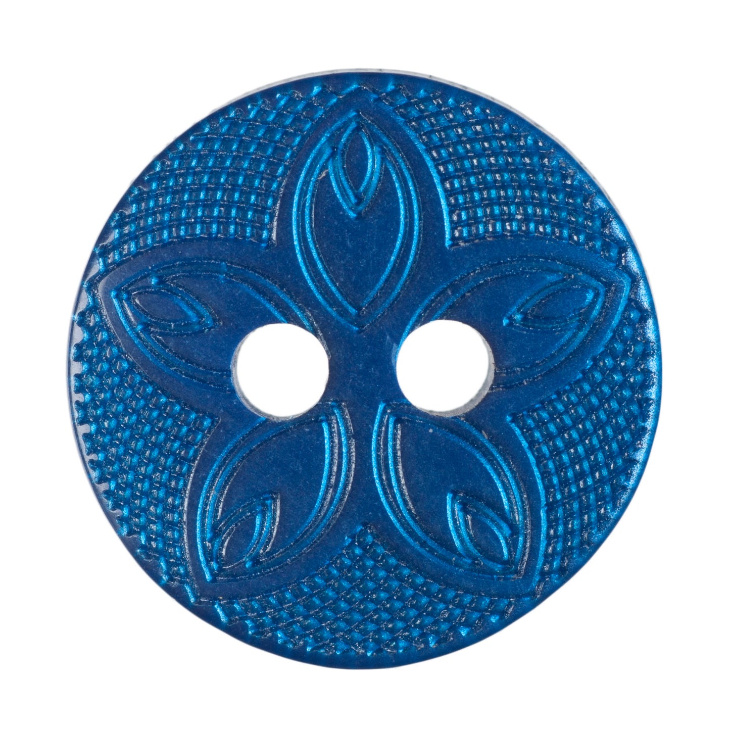 2 Hole Etched Flower Button - 12mm - Blue
