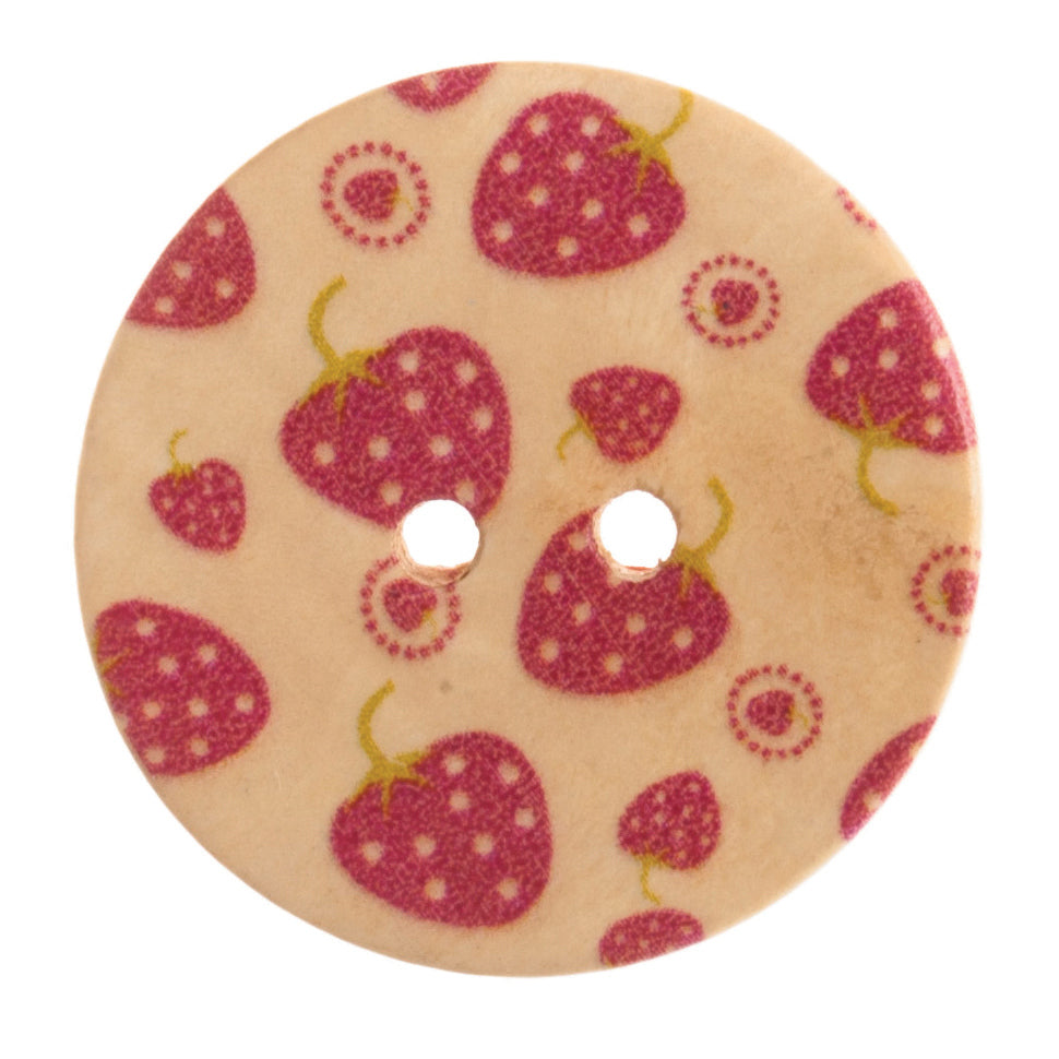 Strawberry Patterned 2 Hole Wood Button - 25mm [LD18.7]