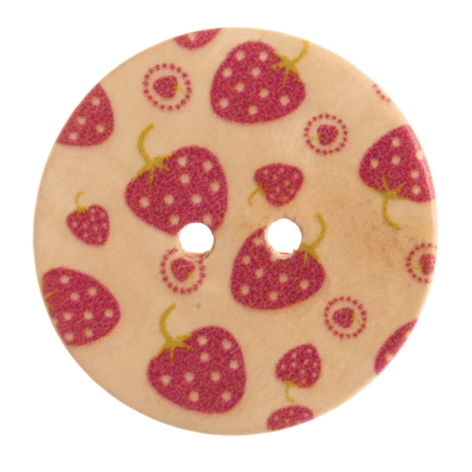 Strawberry Patterned 2 Hole Wood Button - 30mm