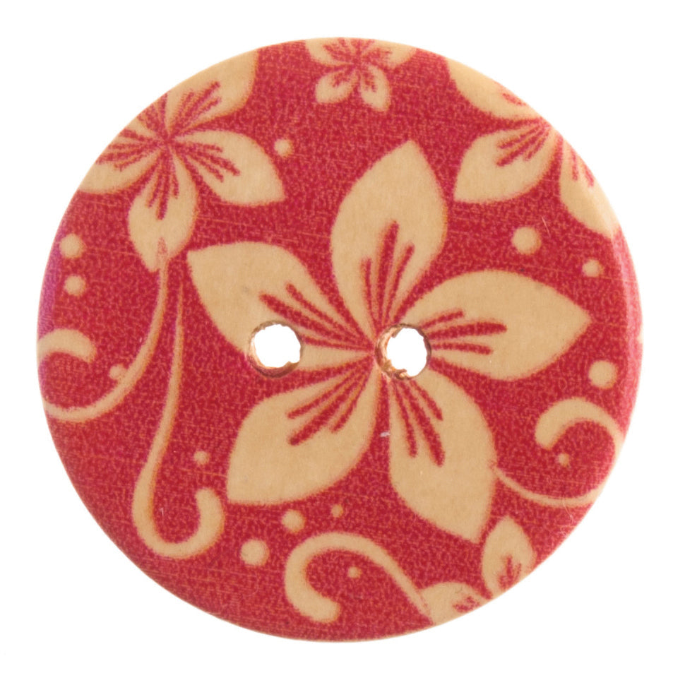 Red Floral Patterned 2 Hole Wood Button - 20mm [LD13.8]