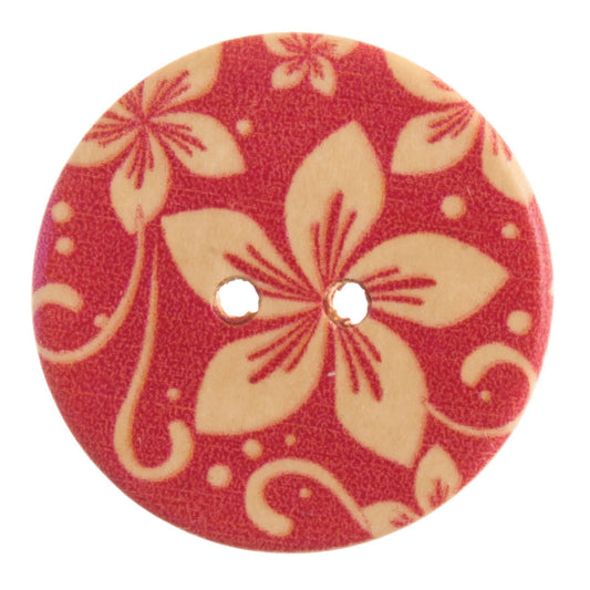 Red Floral Patterned 2 Hole Wood Button - 30mm