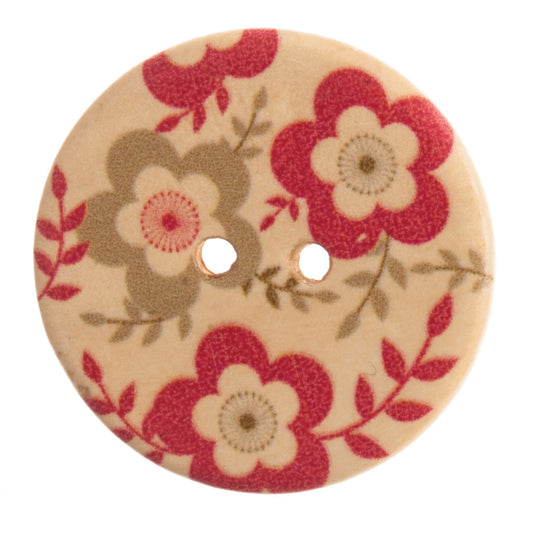 Red/Beige Floral Patterned 2 Hole Wood Button - 20mm [LD15.3]