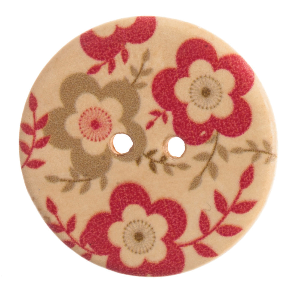 Red/Beige Floral Patterned 2 Hole Wood Button - 25mm [LD20.2]