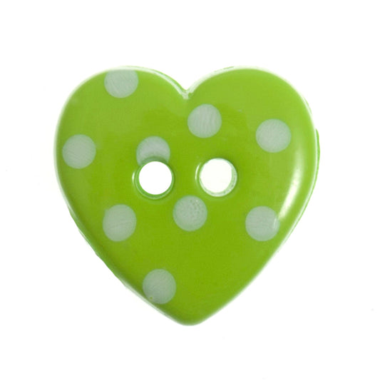 2 Hole Polka Dot Love Heart Button - 15mm - Green/White [LD15.1]