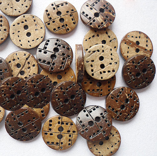 2 Hole Round Carved Line Pattern Coconut Button - 13mm - Brown [LD30.5]