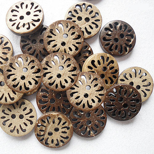 2 Hole Round Carved Design Coconut Button - 13mm - Brown [LD27.2]