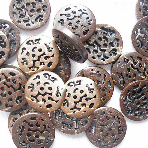 2 Hole Round Carved Pattern Coconut Button - 15mm - Brown [LD27.3]