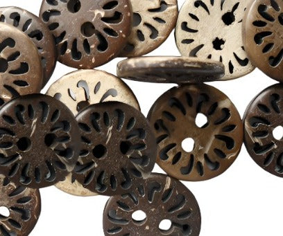 2 Hole Round Carved Design Coconut Button - 15mm - Brown [LD30.8]