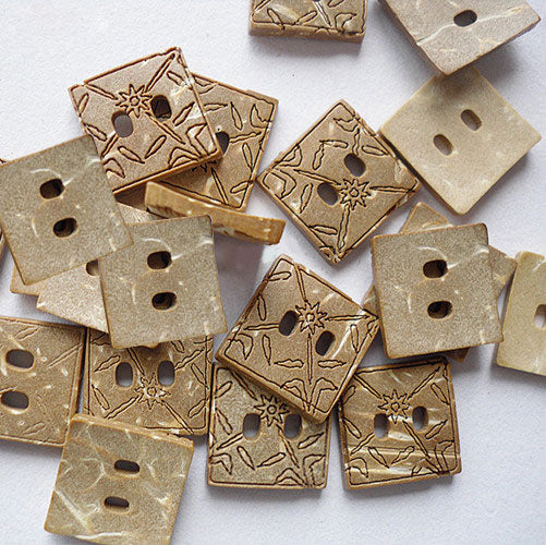 2 Hole Square Carved Design Coconut Button - 12mm - Natural [LD30.2]