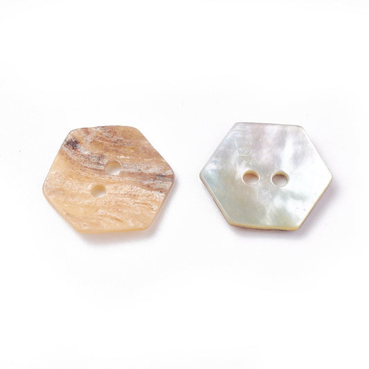 2 Hole Hexagon Freshwater Shell Button - 15mm - Natural
