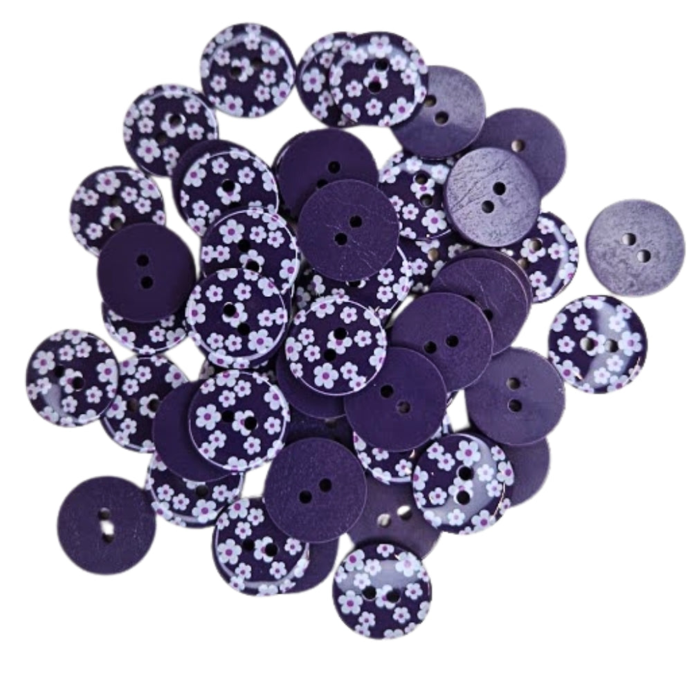 2 Hole Printed Flower Design Button - 18mm - Dark Purple [LG33.7]