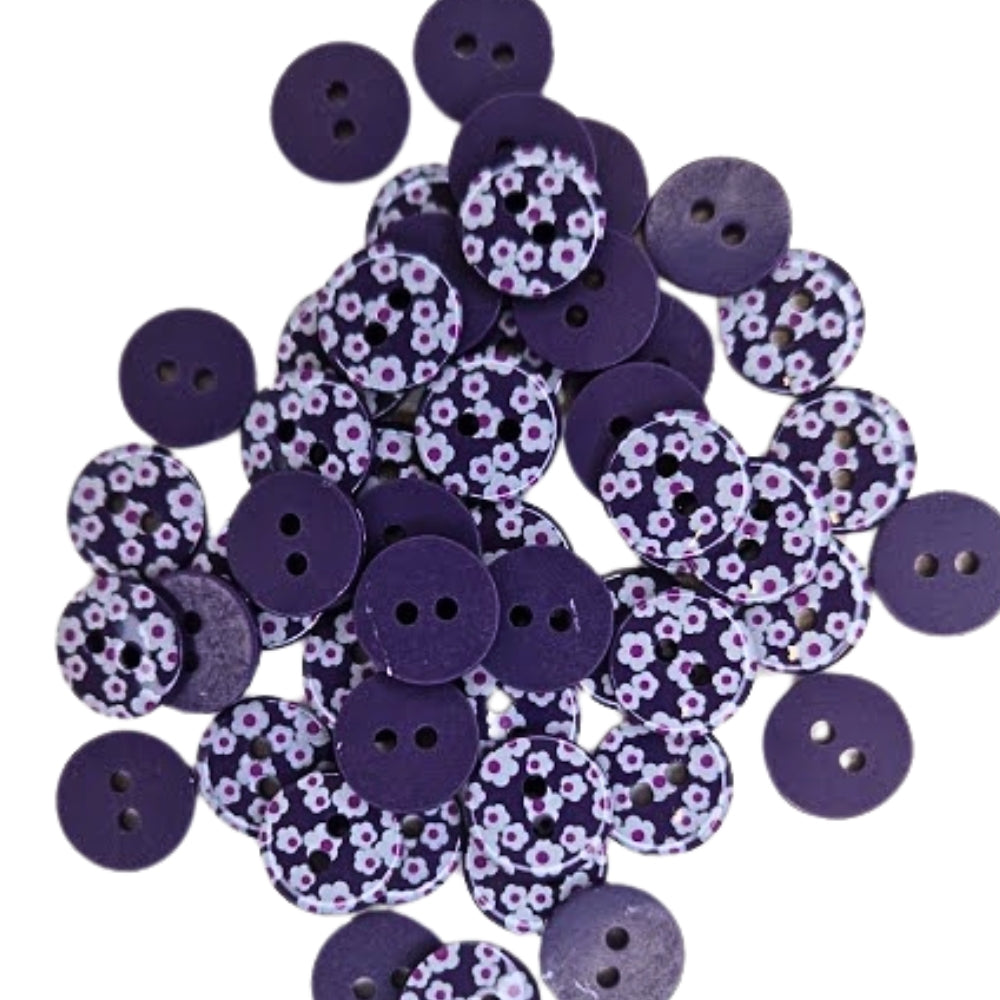 2 Hole Printed Flower Design Button - 12mm - Dark Purple [LH25.7]