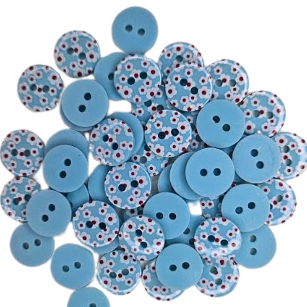 2 Hole Printed Flower Design Button - 12mm - Light Blue [LE18.7]