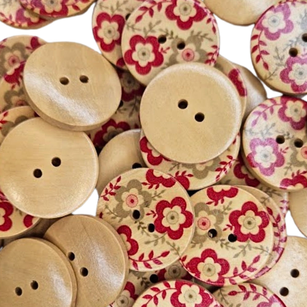 Red/Beige Floral Patterned 2 Hole Wood Button - 30mm [LD37.3]