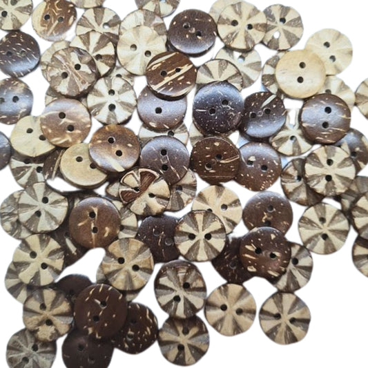 Carved 2 Hole Patterned Coconut Button - 15mm - Natural [LB40.8]