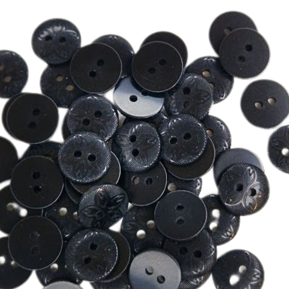 2 Hole Etched Flower Button - 12mm - Black [LD14.7]